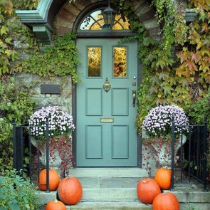 Thanksgiving Day Photography Backdrops Pumpkin Light Blue Door Background