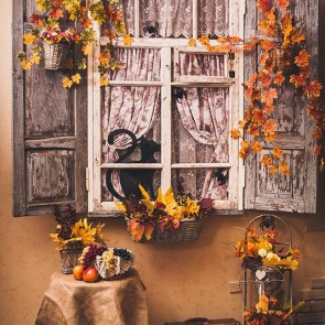 Thanksgiving Day Photography Backdrops Pumpkin Golden Leaf Window Background