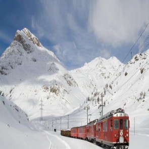 Street View Photography Background Red Train Snow Mountain Backdrops