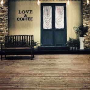 Door Window Photography Backdrops Coffee Shop Blue Door Brown Wood Floor Background