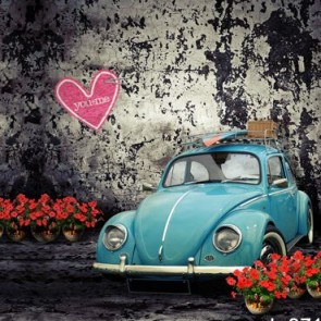 Car Photography Background Blue Sedan Red Flowers Grey Wall Backdrops