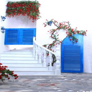 Door Window Photography Backdrops Blue Door Red Rose White Wall Background