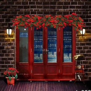 Door Window Photography Backdrops Red Door Red Roses Brown Brick Wall Background