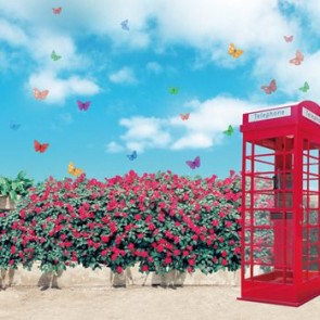 Photography Background Red Flowers Color Butterflies Telephone Booth Valentine's Day Backdrops