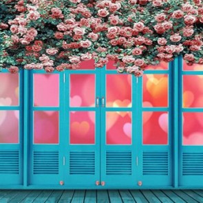 Door Window Photography Backdrops Pink Rose Flower Blue Door Background