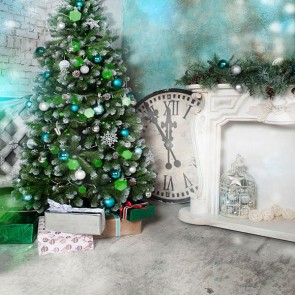 Christmas Photography Backdrops Clock Green Christmas Tree White Fireplace Closet Background