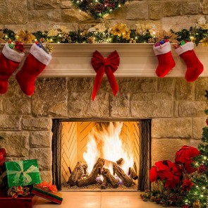 Christmas Photography Backdrops Fireplace Closet Red Christmas Socks Flame Background