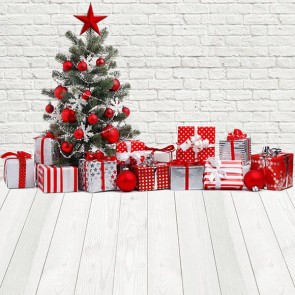 Christmas Photography Backdrops White Brick Wall Wood Floor Gift Box Christmas Tree Background