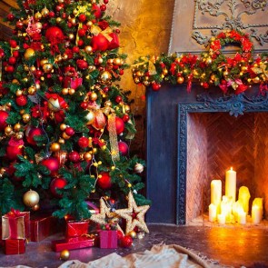 Christmas Photography Backdrops Fireplace Closet Christmas Tree Christmas Lamp Ball Background
