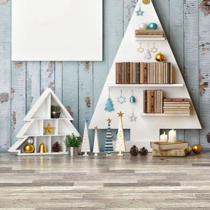 Christmas Photography Backdrops Blue Wood Wall White Bookshelf Wood Floor Background