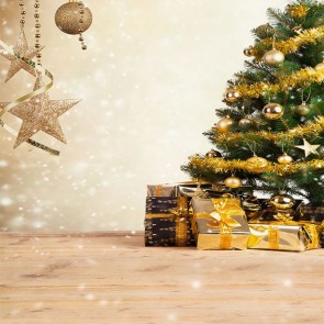 Christmas Photography Backdrops Yellow Lantern Christmas Tree Gift Box Wood Floor Background