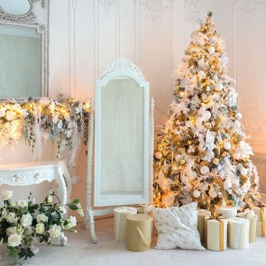 Christmas Photography Backdrops White Christmas Tree Mirror Pink Wall Background