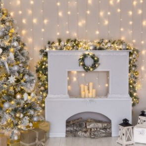 Christmas Photography Backdrops Yellow Lights Christmas Tree White Fireplace Closet Background