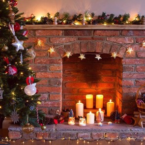 Christmas Photography Backdrops Christmas Tree Brick Fireplace Closet Yellow Candles Background