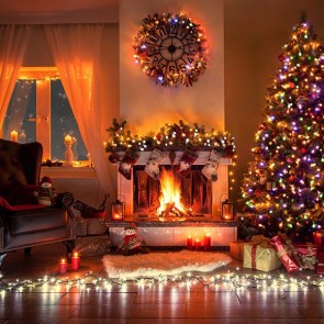 Christmas Photography Backdrops Fireplace Closet String Lights Christmas Tree Background