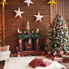 Christmas Photography Backdrops White Sofa Brown Wood Wall Christmas Tree Background