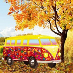 Car Photography Background Autumn Cartoon Yellow Bus Golden Leaves Backdrops