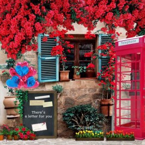 Door Window Photography Backdrops Red Flowers Blue Window Telephone Booth Background