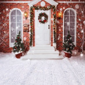 Christmas Photography Backdrops White Door Window BRed Brick Wall House Snowy ackground