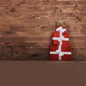 Christmas Photography Backdrops Brown Wood Wall Red Gift Box Wood Floor Background