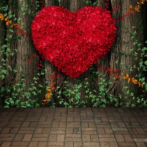 Photography Backdrops Red Petals Heart Shape Trees Brick Floor Valentine's Day Background