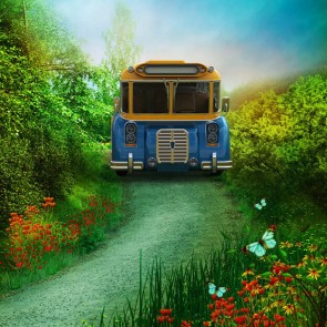 Photography Backdrops Cartoon School Bus Flowers Car Background