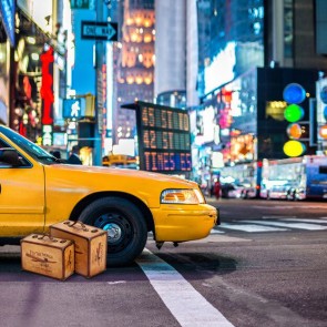 Photography Backdrops Yellow Sedan Car Bustling City Background
