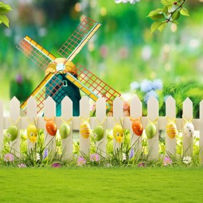 Photography Background Eggs Windmill White Fence Flowers Easter Backdrops