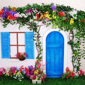 Door Window Photography Backdrops Blue Door Window Colored Flowers White Wall Background