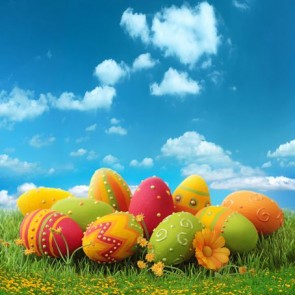 Photography Background Grass Eggs Easter Blue Sky White Clouds Backdrops