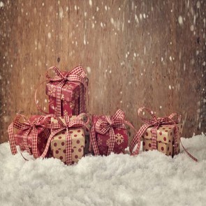 Christmas Photography Backdrops Brown Wood Wall Snow Gift Boxes Background