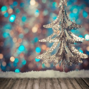 Christmas Photography Backdrops Brown Wood Floor Silver Christmas Tree Sequin Background