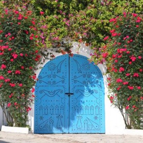 Door Window Photography Backdrops Blue Door Flower Plants Background