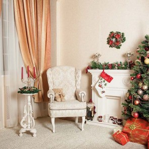 Christmas Photography Backdrops Green Christmas Tree Curtains White Fireplace Closet Background