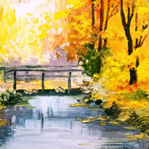 Golden Leaves River Wooden Bridge Autumn Photography Background Backdrops