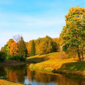 River Autumn Photography Background Blue Sky White Clouds Backdrops