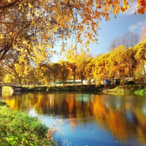 Photography Backdrops River Blue Sky Golden Leaves Autumn Background