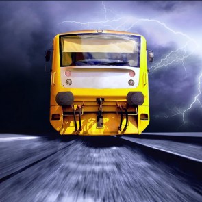 Photography Backdrops Lightning Clouds Yellow Locomotive Train Background