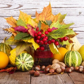 Photography Background Pumpkin Hawthorn Leaves Wood Wall Thanksgiving Day Backdrops