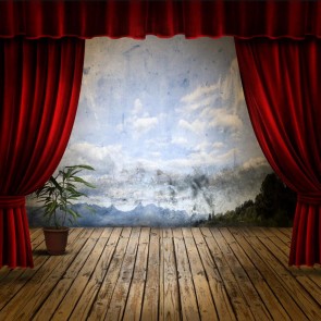 Red Curtain Large Stage Photography Background Blue Sky White Clouds Backdrops