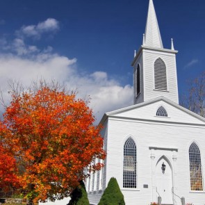 Blue Sky Architecture Photography Background Red Leaf Tree White Church Backdrops