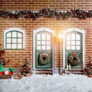 Christmas Photography Backdrops Christmas Tree House Snow Window Blue Door Background
