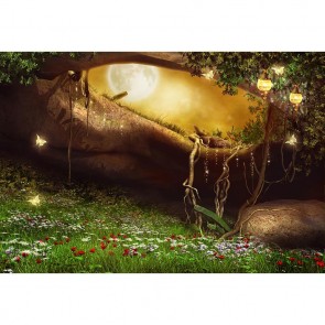 Cartoon Photography Backdrops Moon Grass Flowers Butterfly Background For Children