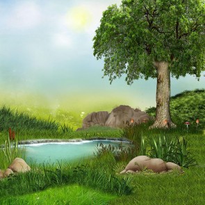 Cartoon Photography Backdrops Tree Grassland Blue Sky Background For Children