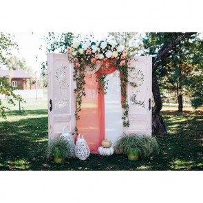 Wedding Photography Backdrops White Door White Pink Flowers Lawn Vase Background