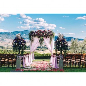 Wedding Photography Backdrops Mountains White Cloud Pink Curtain Flowers Chairs Background