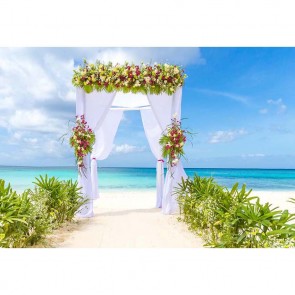 Wedding Photography Backdrops Beach White Curtain Flowers Blue Sky Background