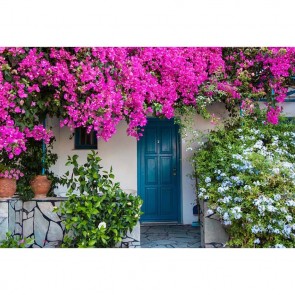 Door Window Photography Backdrops Blue Door Purple Flowers Greenery Background