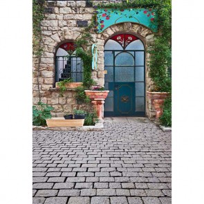 Door Window Photography Backdrops Glass Window Door Greenery Brick Floor Background