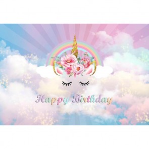 Birthday Photography Backdrops Smash Cake Unicorn Rainbow Blue Sky White Clouds Background